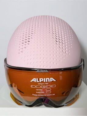 NWOT Alpina rose pink ski helmet with integrated amber visor | Size 51-55cm